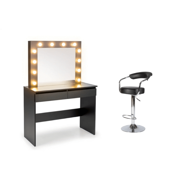 must meigilaud peegli ja valgustusega koos tooliga